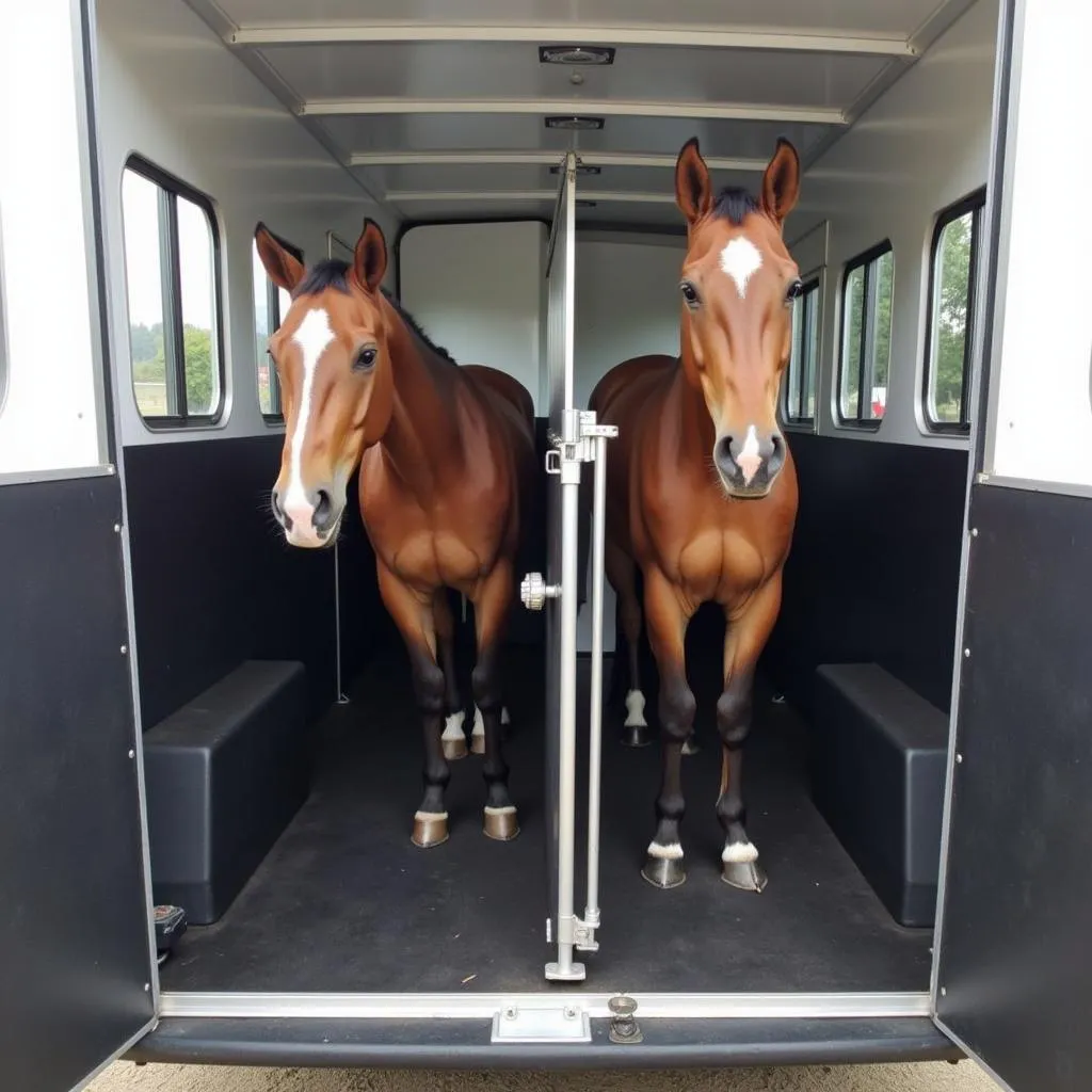 Two horses comfortably standing in a 2 horse slant load bumper pull trailer