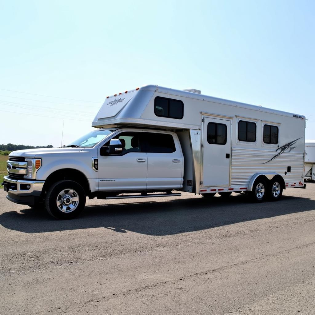 A modern 2 horse slant load trailer with living quarters hitched to a truck