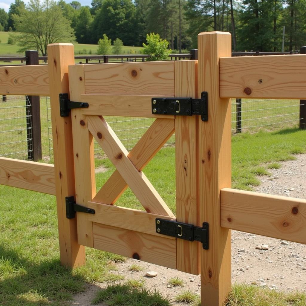 A wooden gate with sturdy hardware, part of a 4-rail horse fence