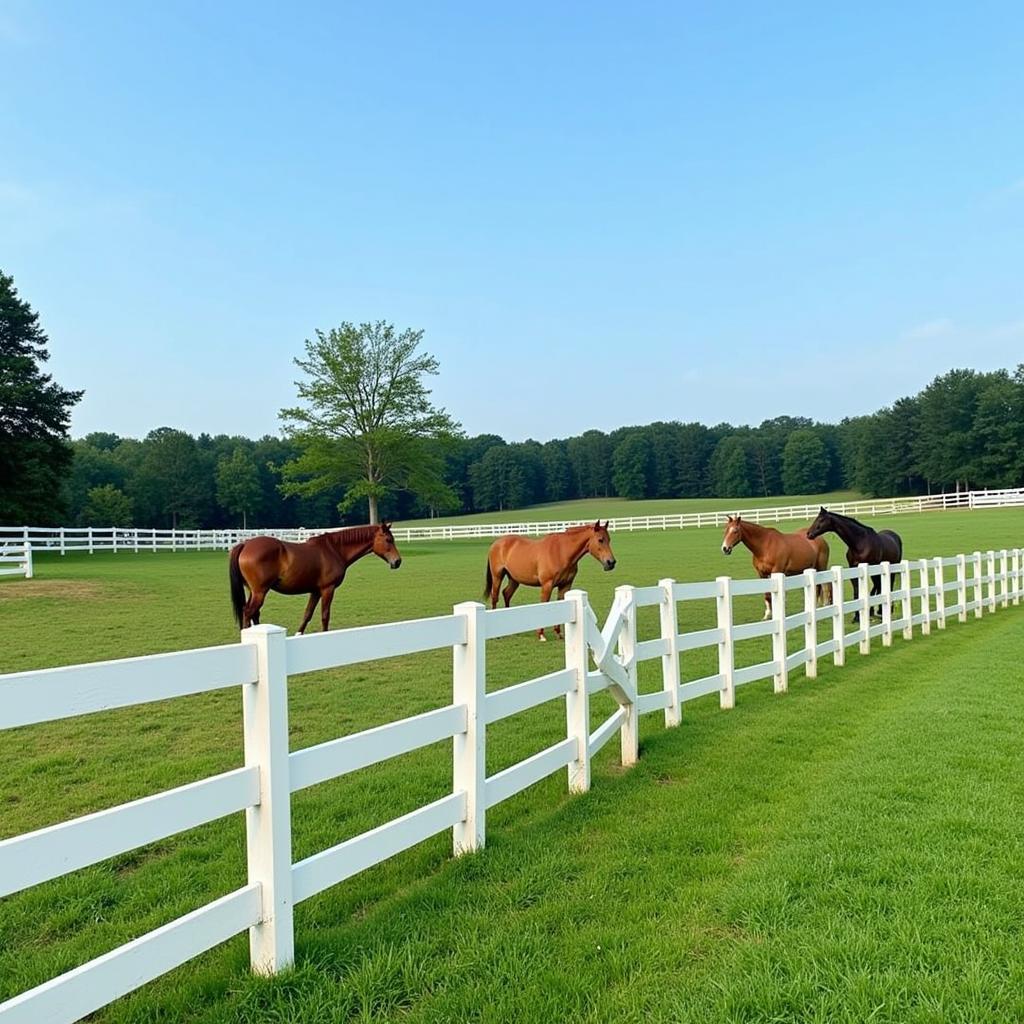 Horses grazing in a pasture enclosed by a white 4-rail horse fence