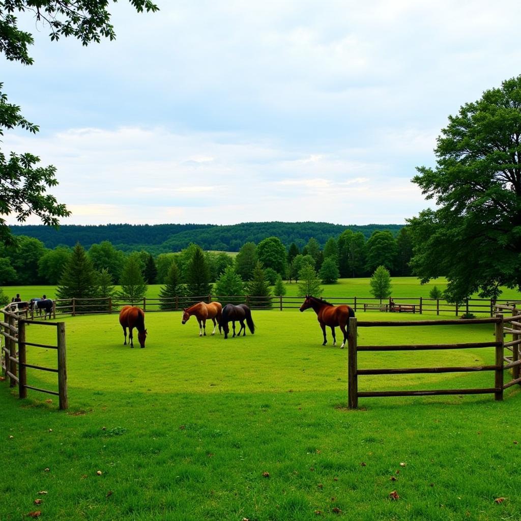 Horses grazing in a pasture enclosed by a 5-foot fence