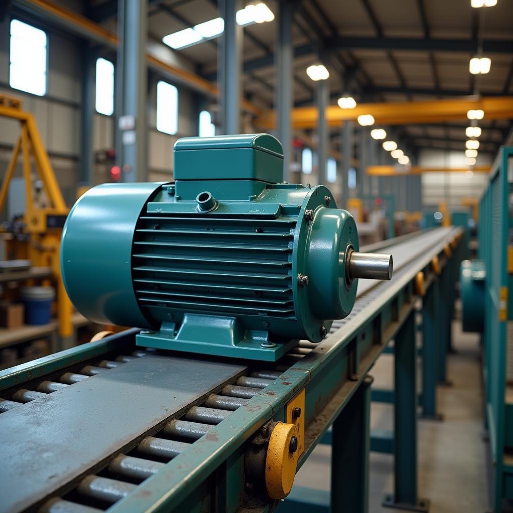 A 50 horsepower electric motor seamlessly drives a large industrial conveyor belt in a manufacturing facility.