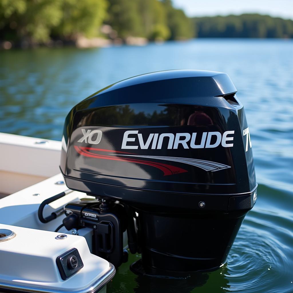 70 HP Evinrude outboard motor mounted on a fishing boat.