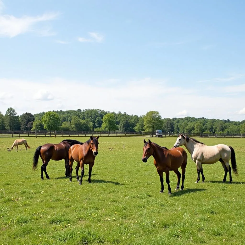 Horses grazing peacefully in a pasture enclosed by a tall, sturdy no-climb horse fence.