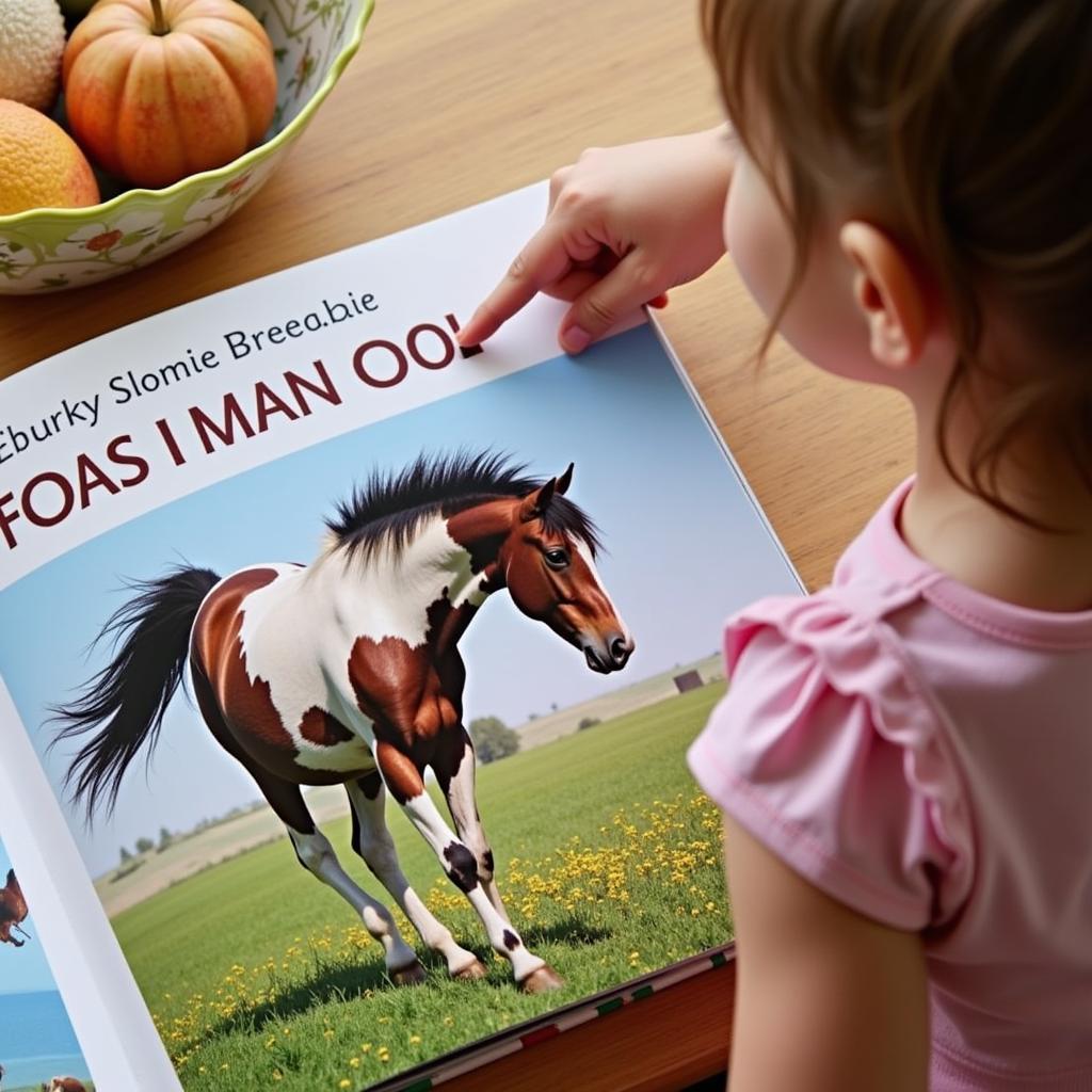 A child learns about horses from a colorful book