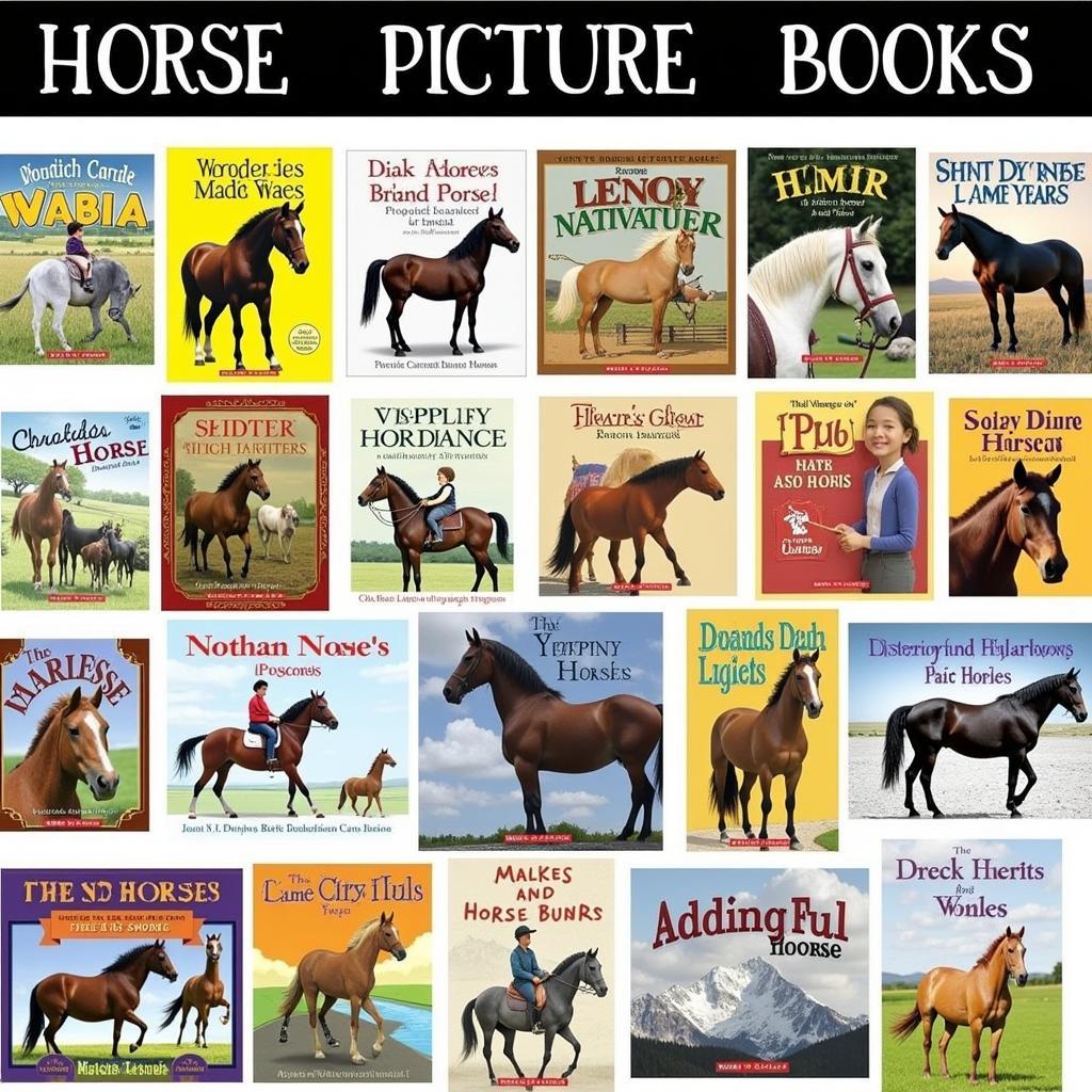 Variety of horse picture books displayed on a shelf