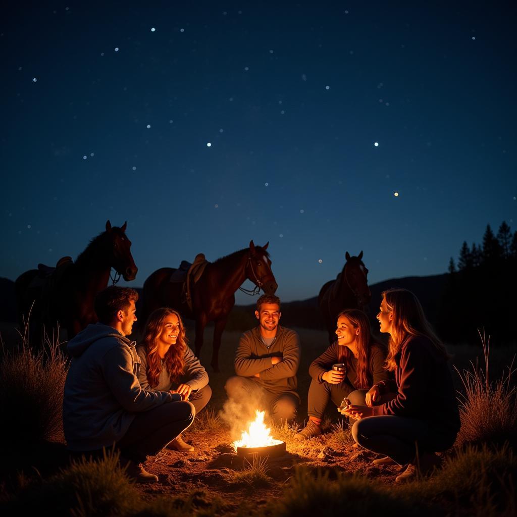 A group of friends sharing stories around a campfire, their horses nearby