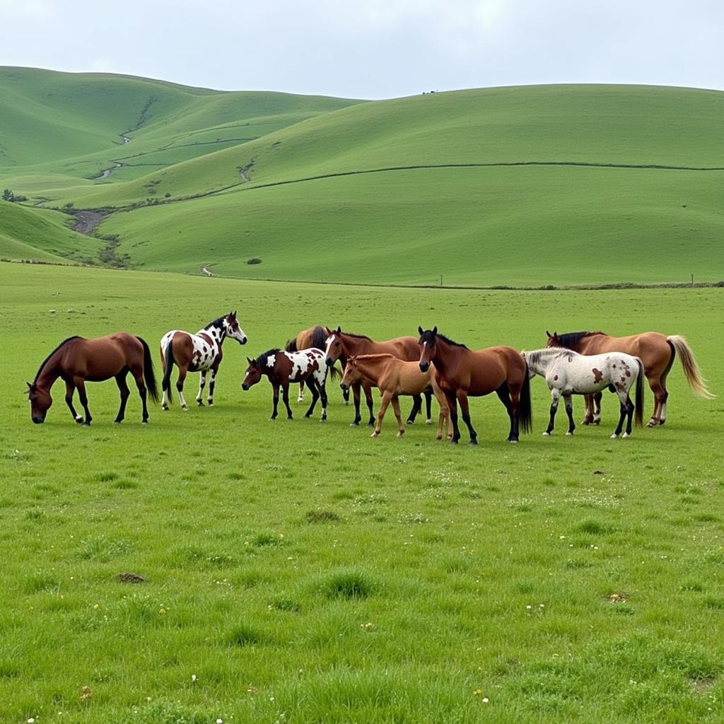 A herd of Palouse horses with various coat patterns grazing peacefully in a lush green pasture