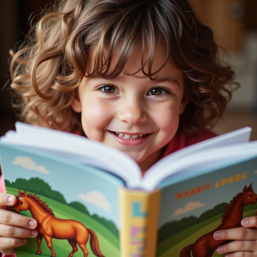 Young child smiling while reading a horse book