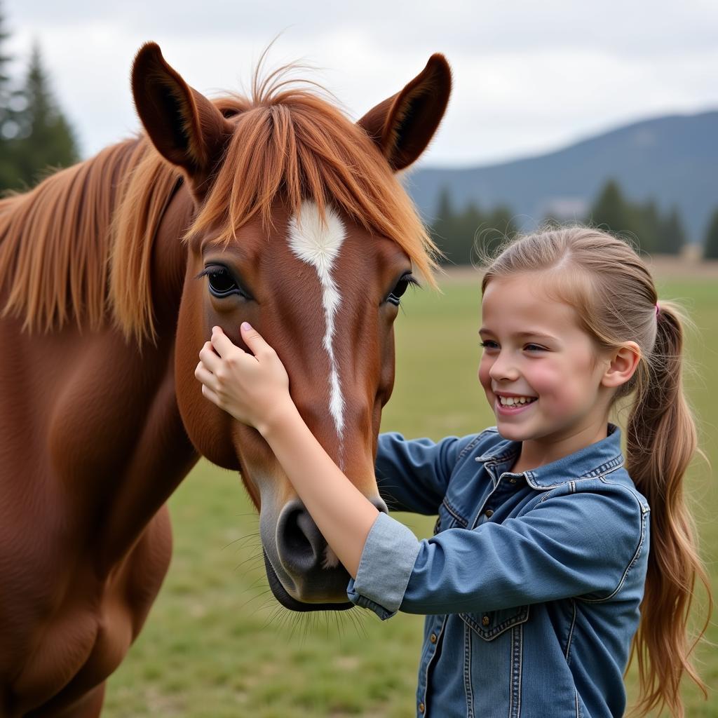 A young girl gently brushes the coat of a Palouse horse, showcasing the breed's gentle nature and suitability for all ages.