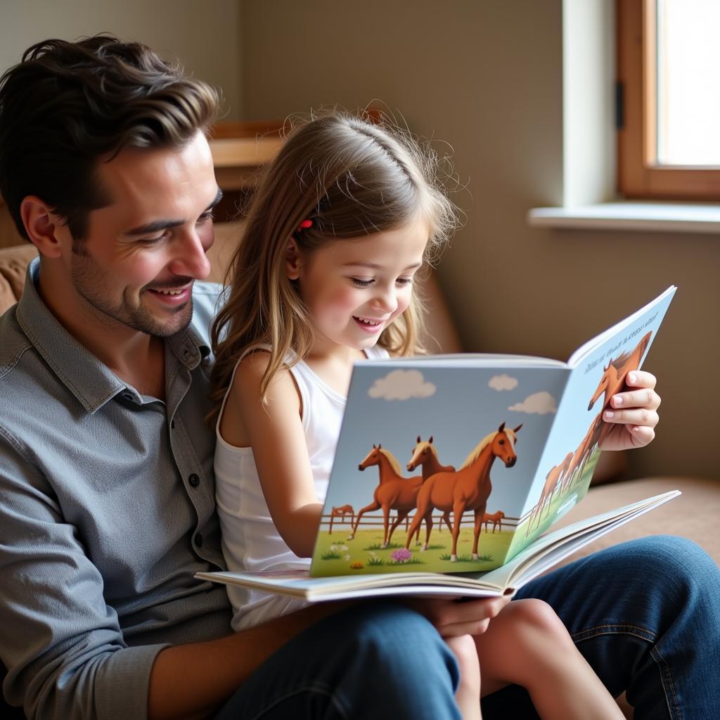 Father and daughter reading a horse book together