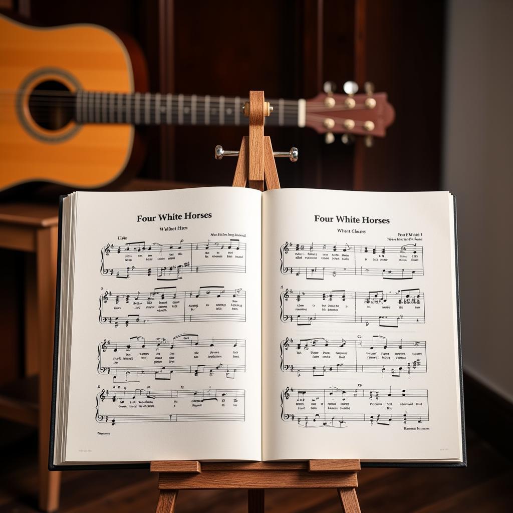  An acoustic guitar rests on a stool with sheet music for "Four White Horses" 