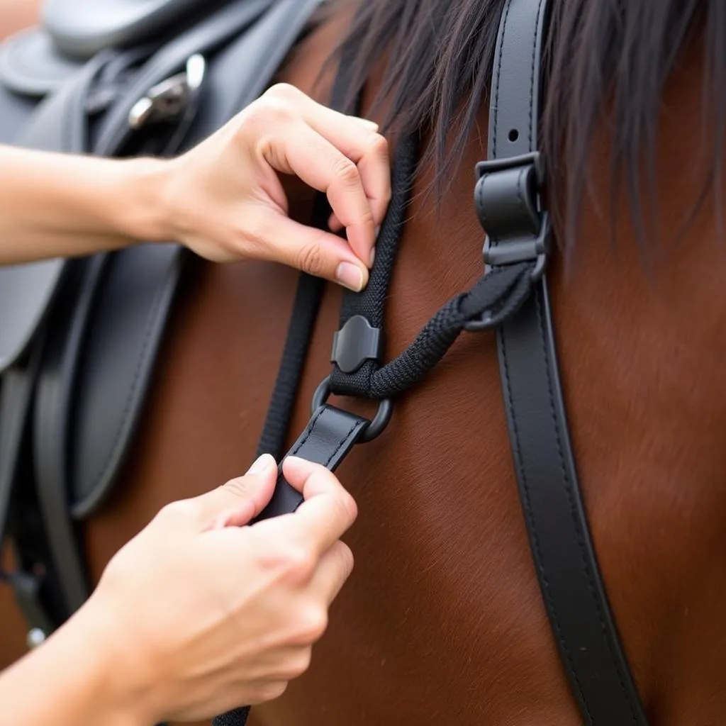 Close-up of a hand adjusting a wither strap on a horse