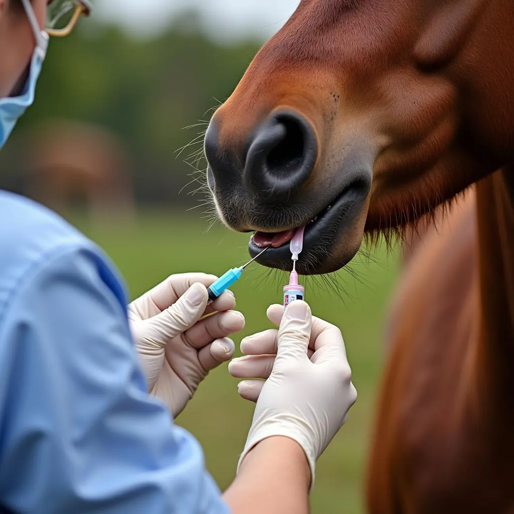 Veterinarian Administering Horse Sedative Paste