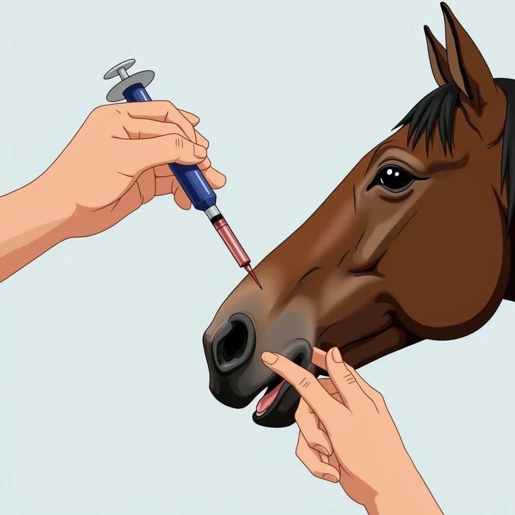 Horse owner administering Quest Gel