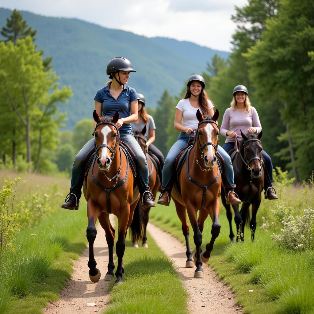 Adult riders enjoying a trail ride at horse camp