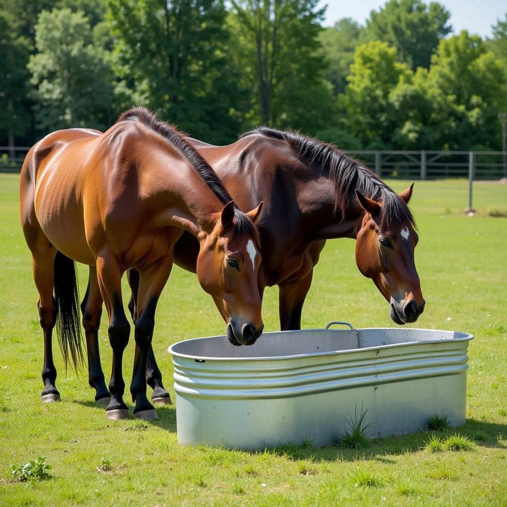 Horses Drinking from Aluminum Trough in Pasture