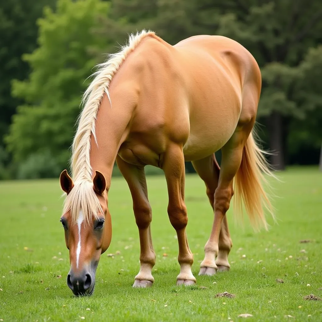 Amber Cream Champagne horse grazing in a lush field