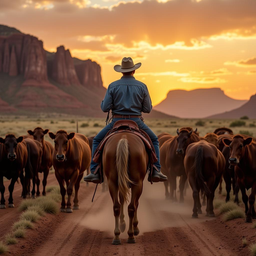 Cowboy Herding Cattle on Horseback