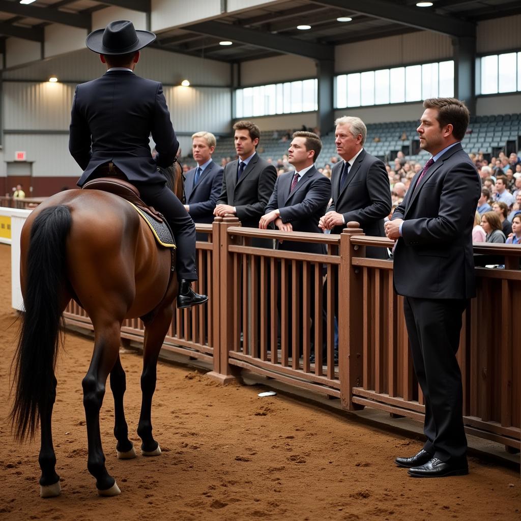 Judges observing American Saddlebred horses and riders during a competition