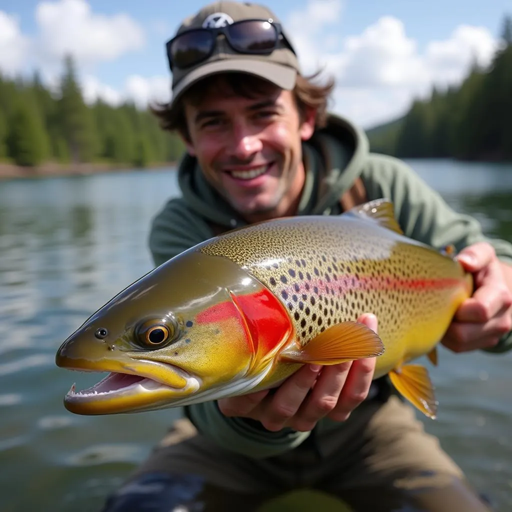 Angler proudly displaying a large Cutthroat Trout caught in Hungry Horse Reservoir.