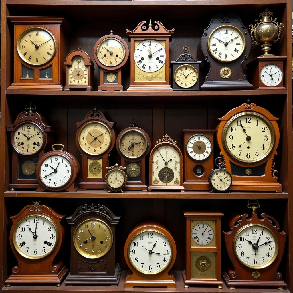 Antique Horse Clock Collection on Display