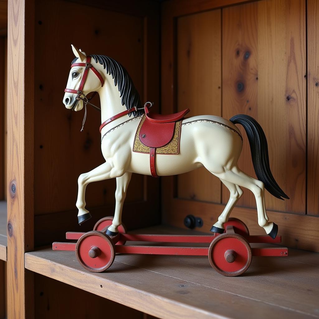 Antique horse on wheels displayed on a shelf