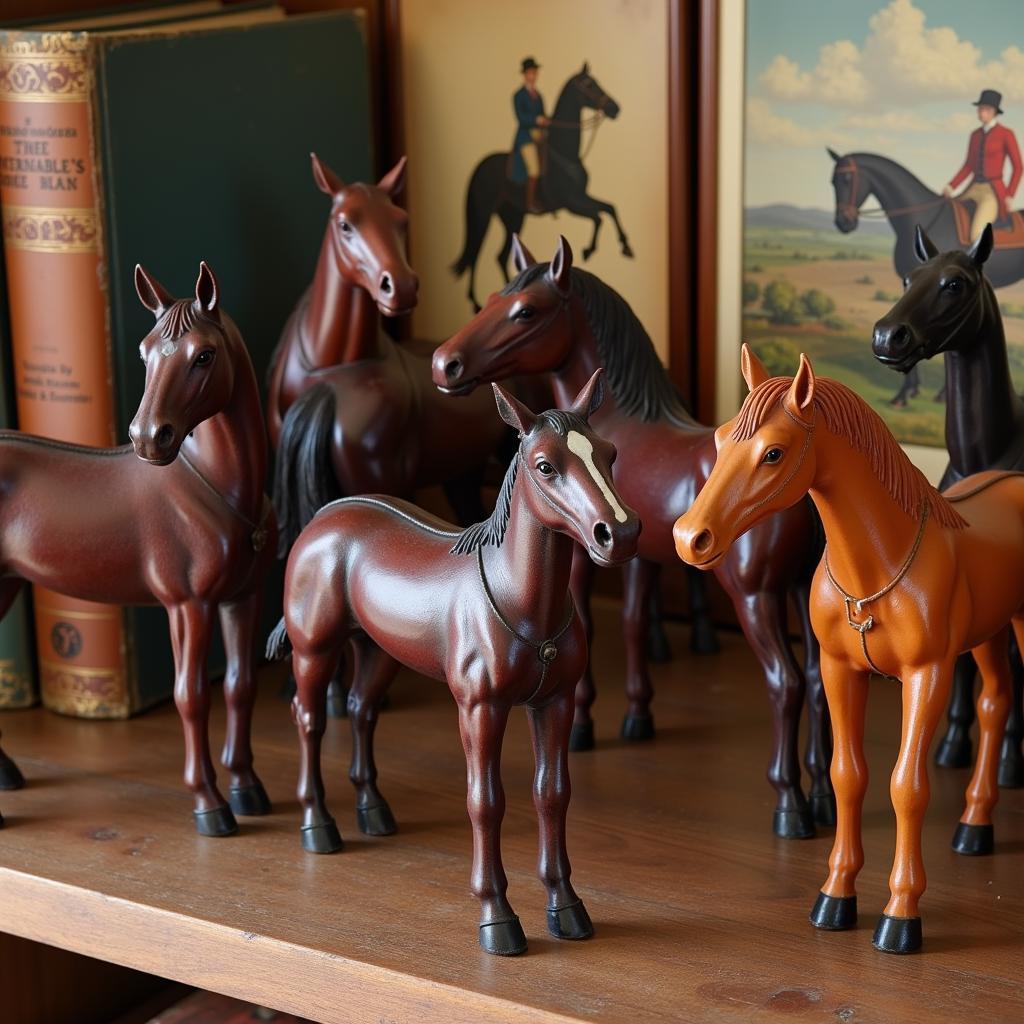 A collection of antique leather horse figurines displayed on a shelf.