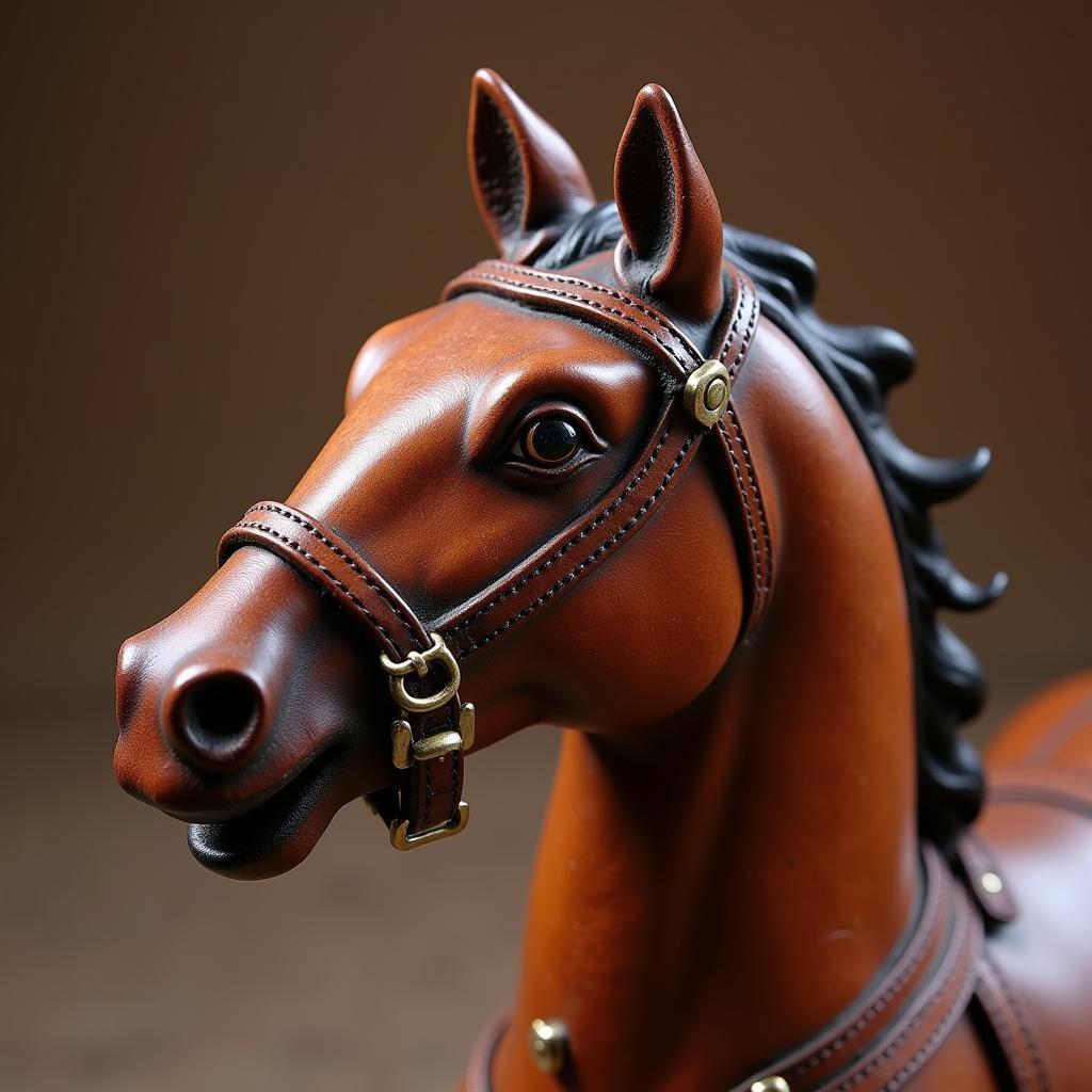 Close-up of the intricate details on an antique leather horse figurine.