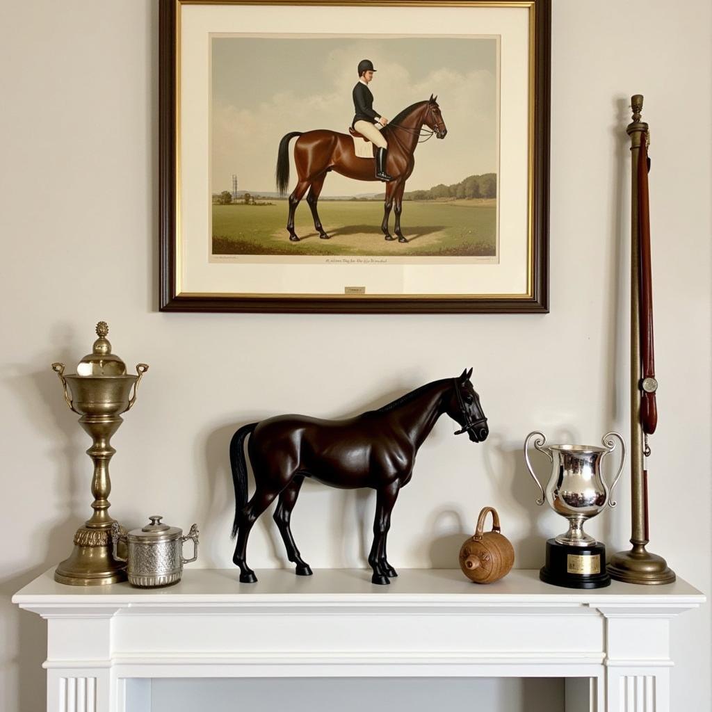 An antique leather horse figurine displayed on a mantle with other equestrian decor.