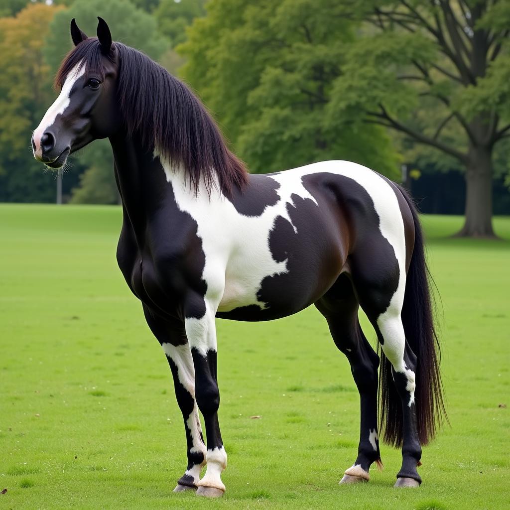 Appaloosa Friesian horse standing in a pasture