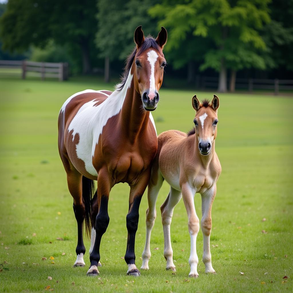 An Appaloosa mare and her foal in a pasture