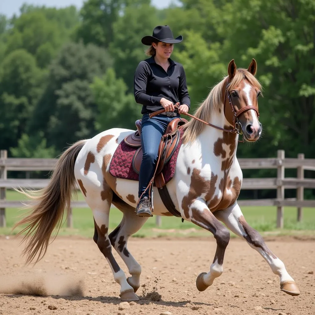 Appaloosa stallion being ridden in a riding arena