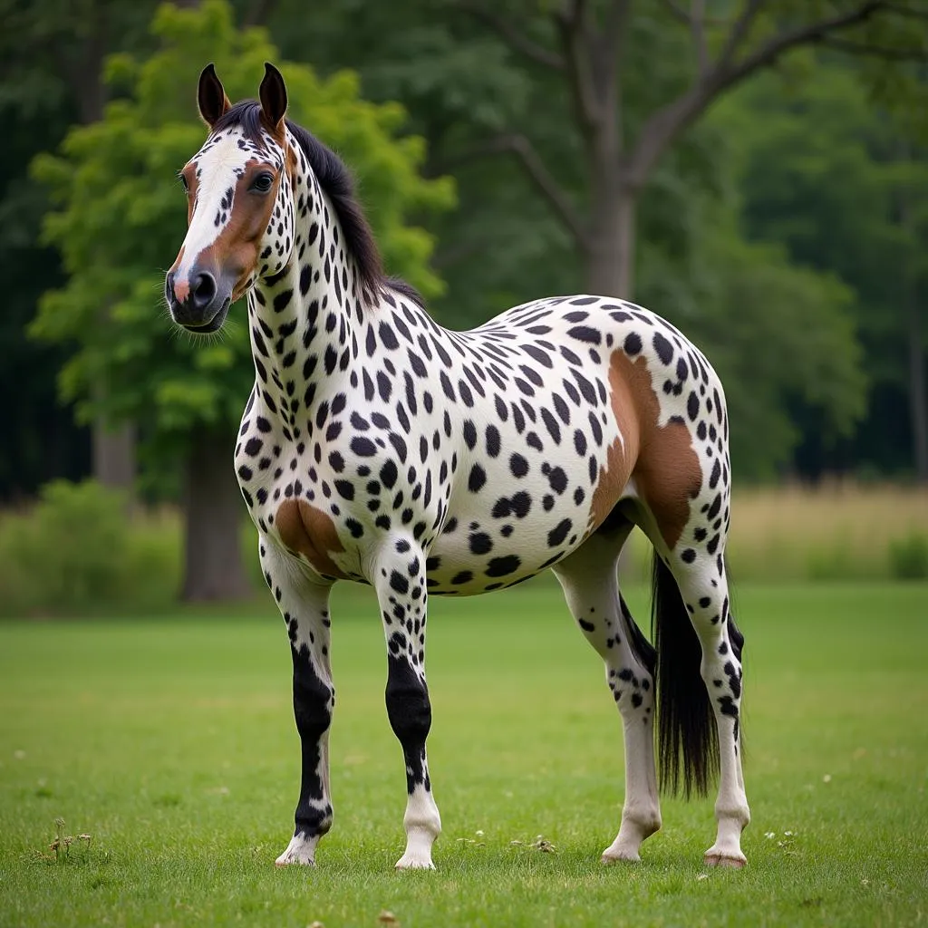 Appaloosa stallion with distinctive coat pattern standing in a field