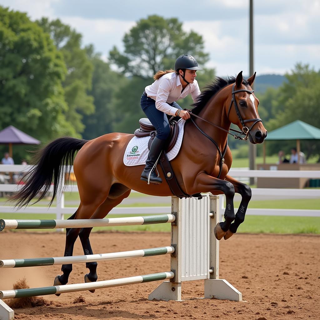 Appendix Quarter Horse gracefully clearing a jump in an equestrian competition