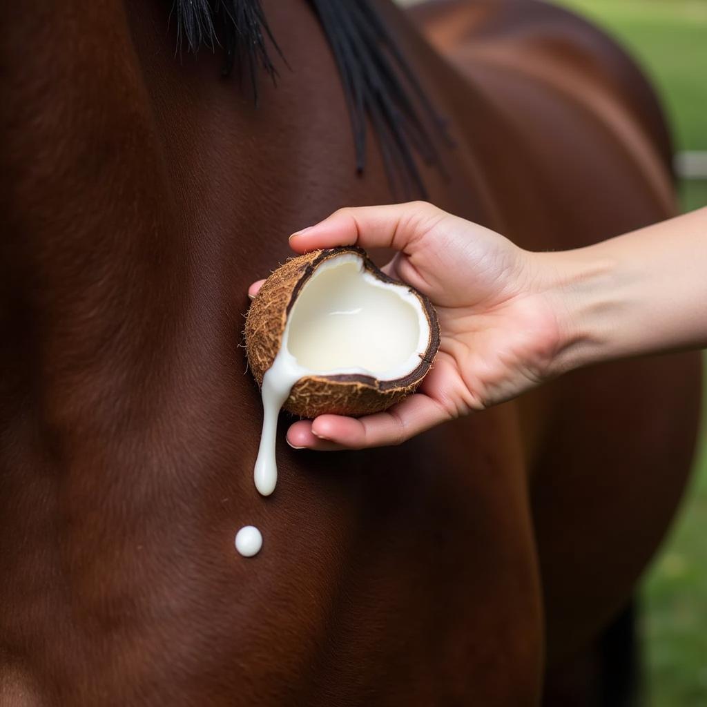 Applying Coconut Oil to Horse Coat