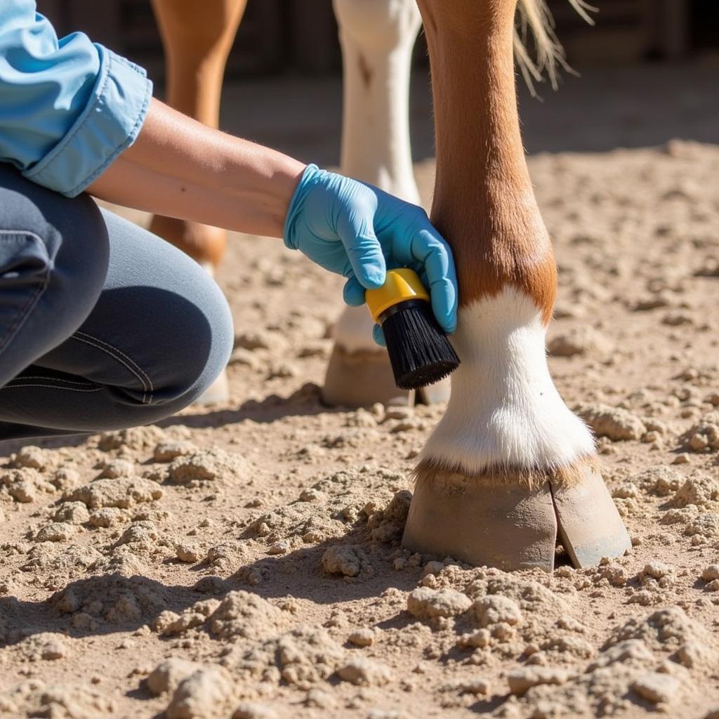 Applying copper sulfate solution to a horse hoof