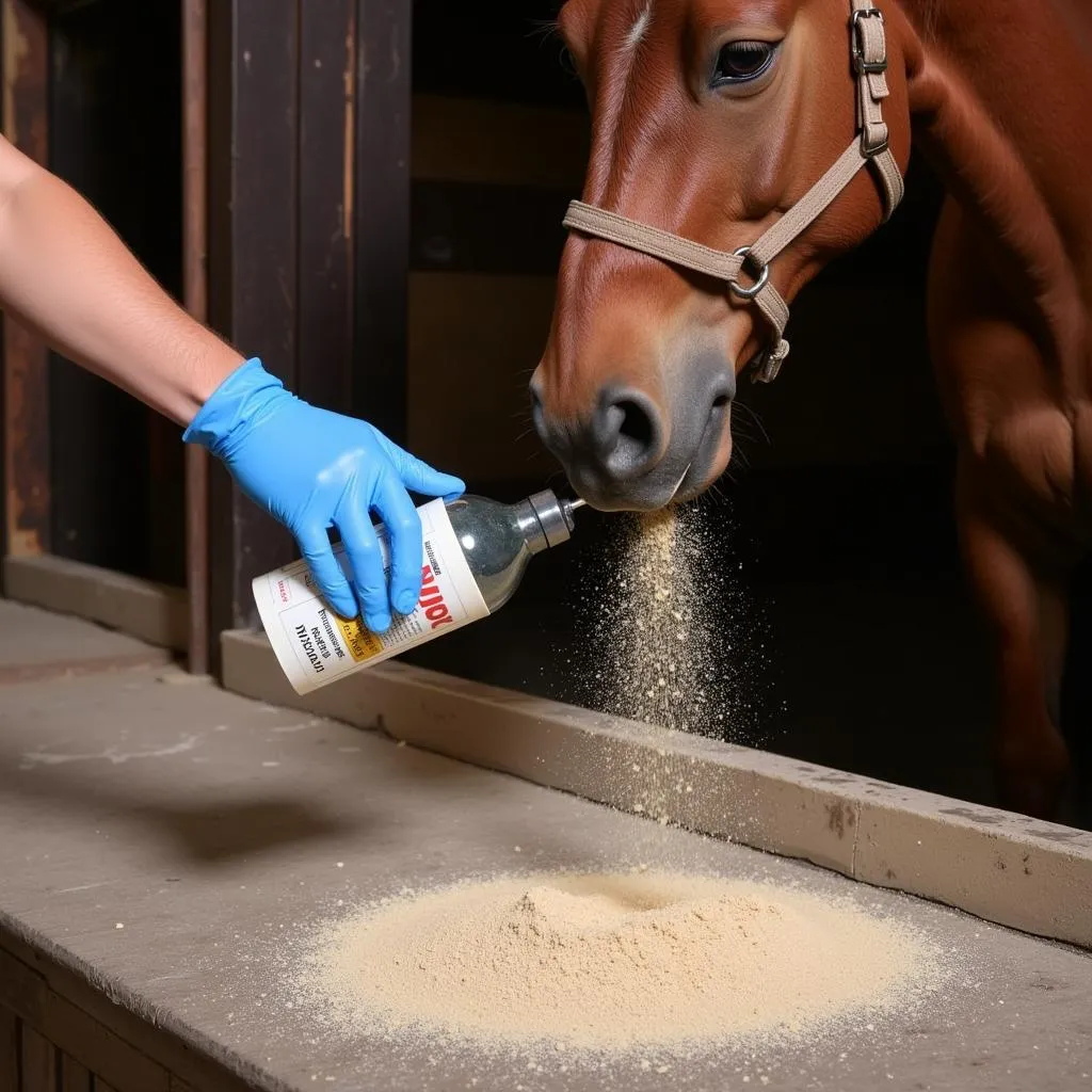 Applying diatomaceous earth to a horse stall