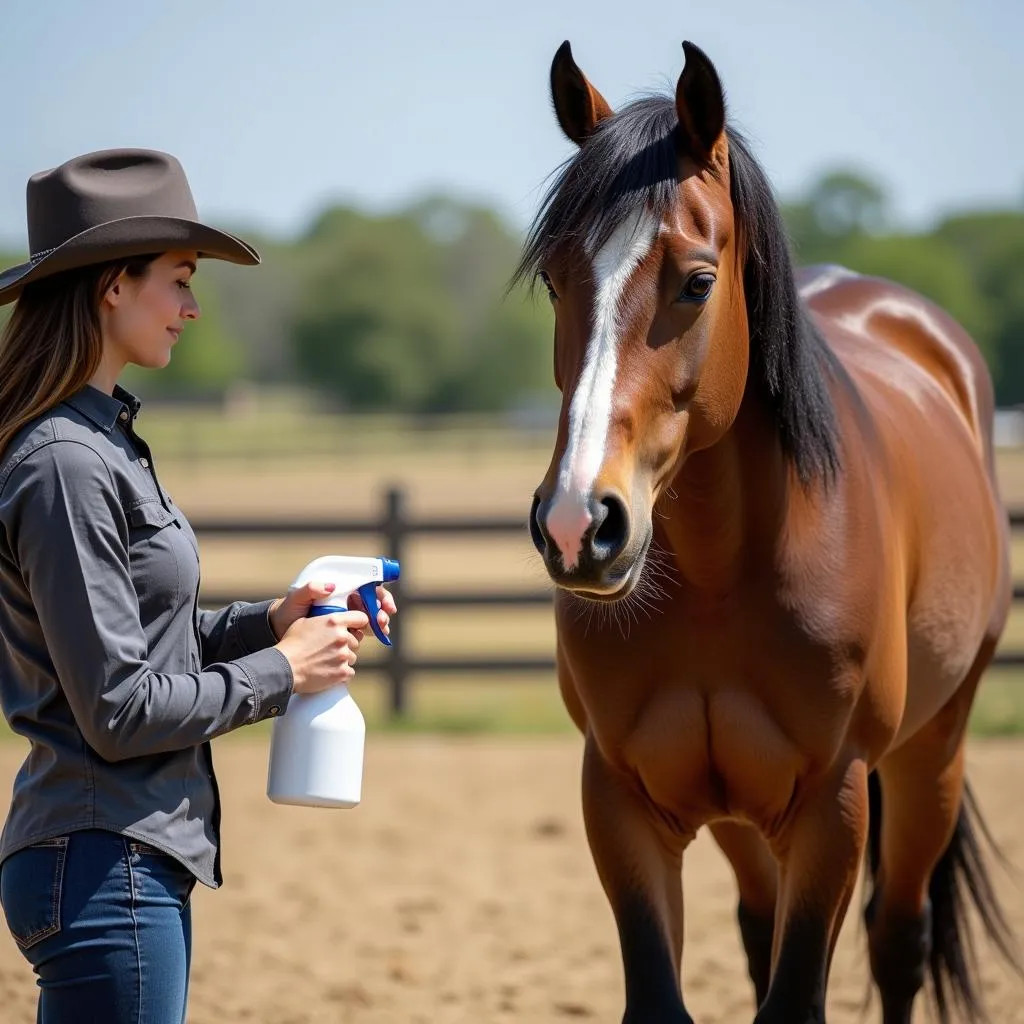 Applying fly spray on a horse