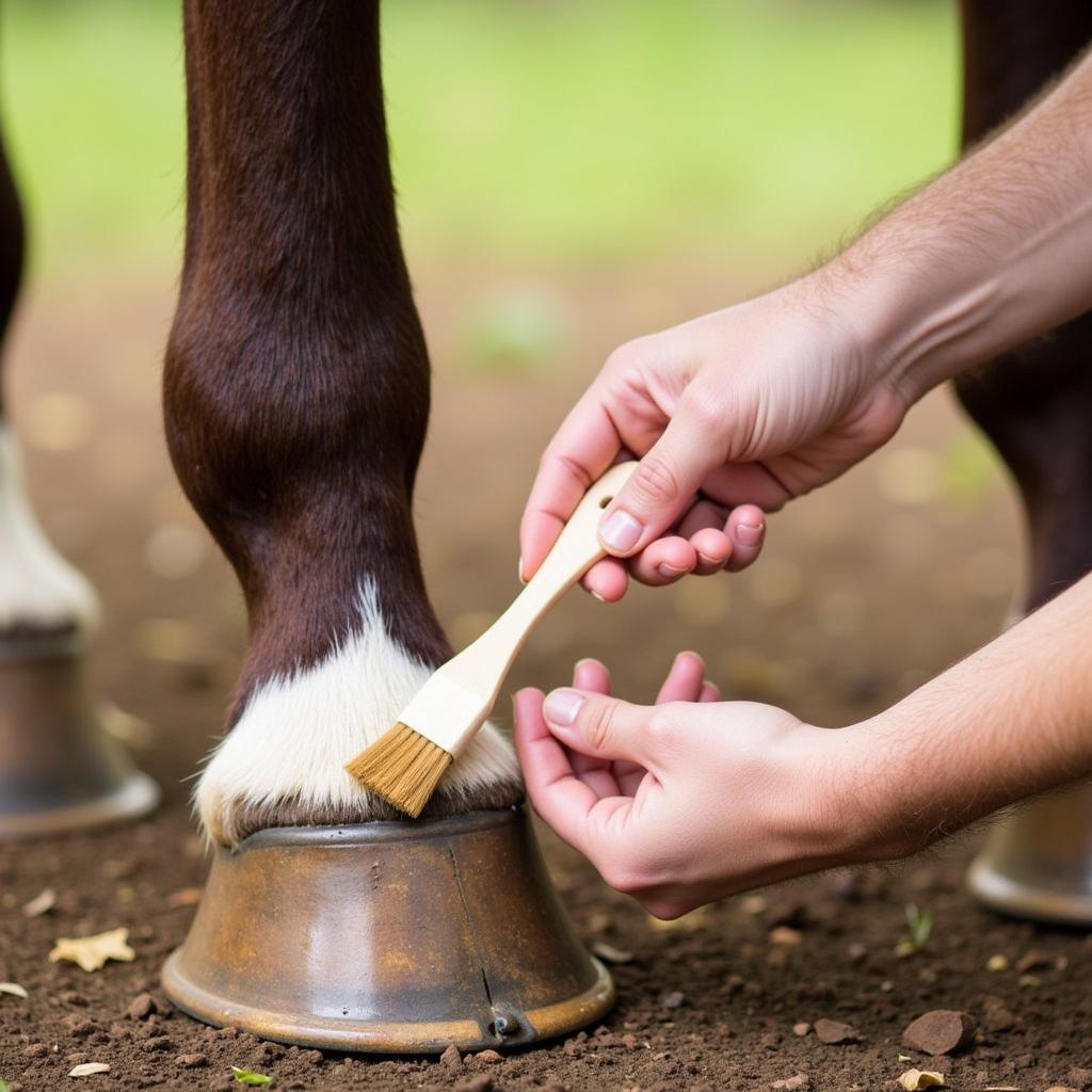 Applying Hoof Oil to Horse