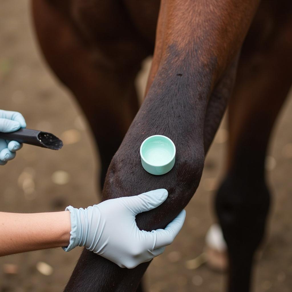 Applying drawing salve on a horse's leg