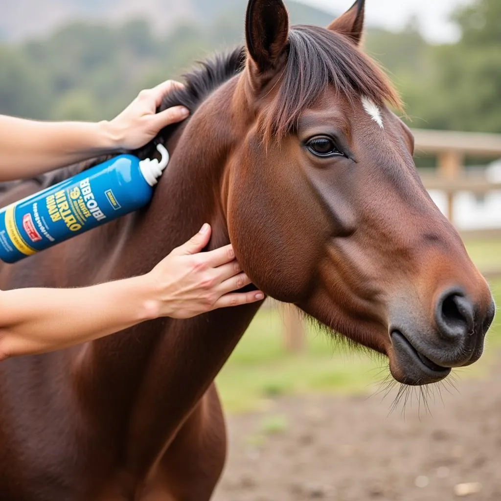 A person applying leave-in conditioner on a horse's mane