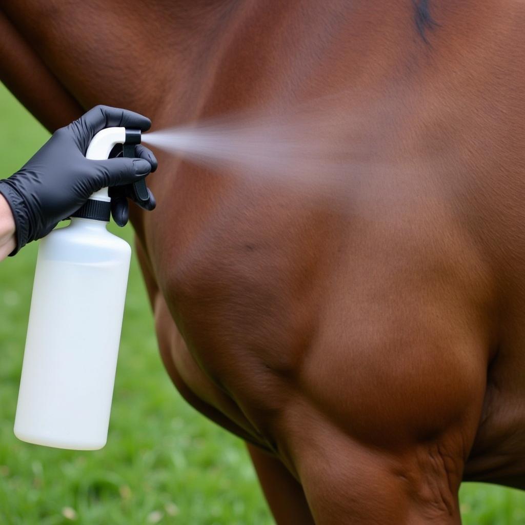 Applying marigold spray to a horse's wound