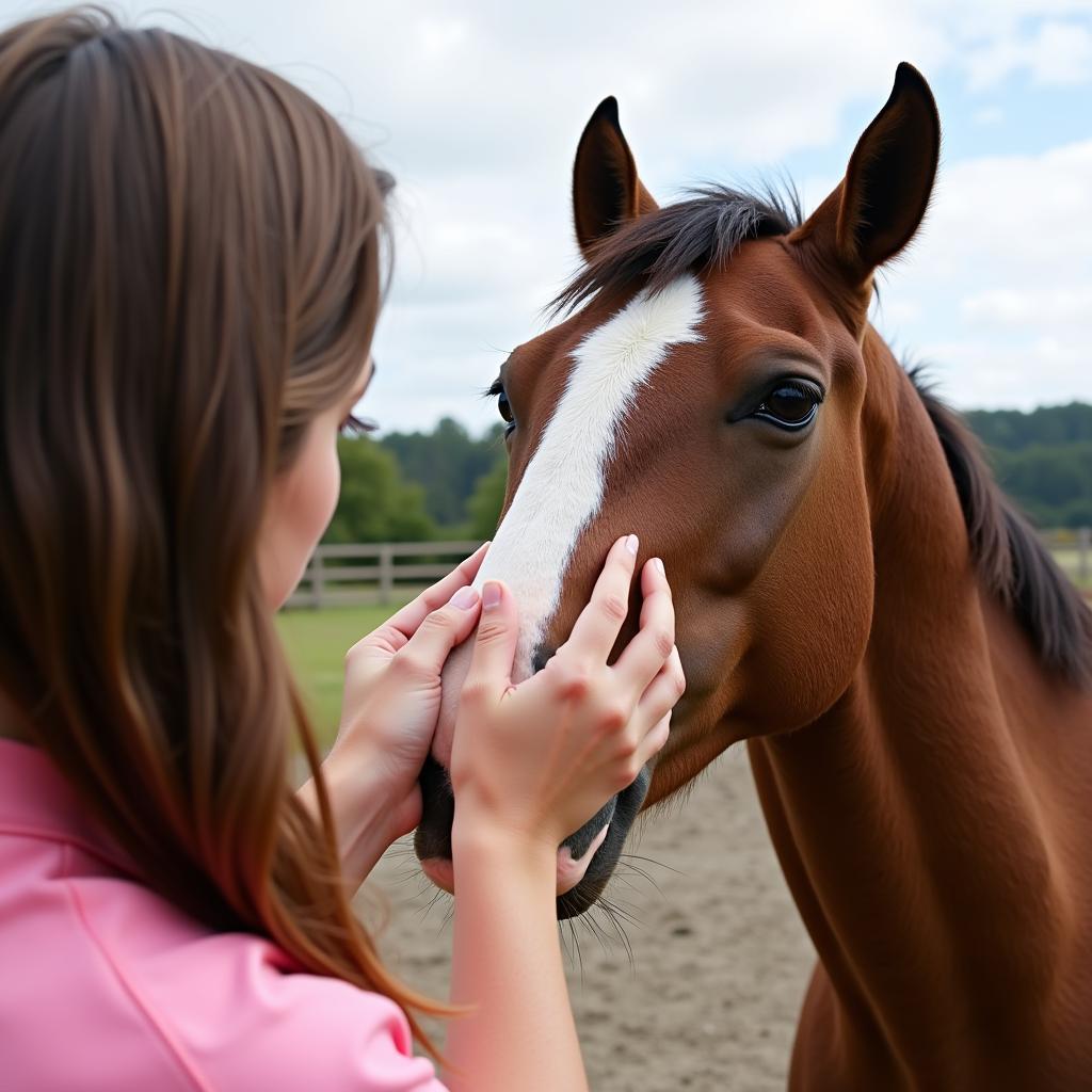 Applying sunscreen to a horse's muzzle