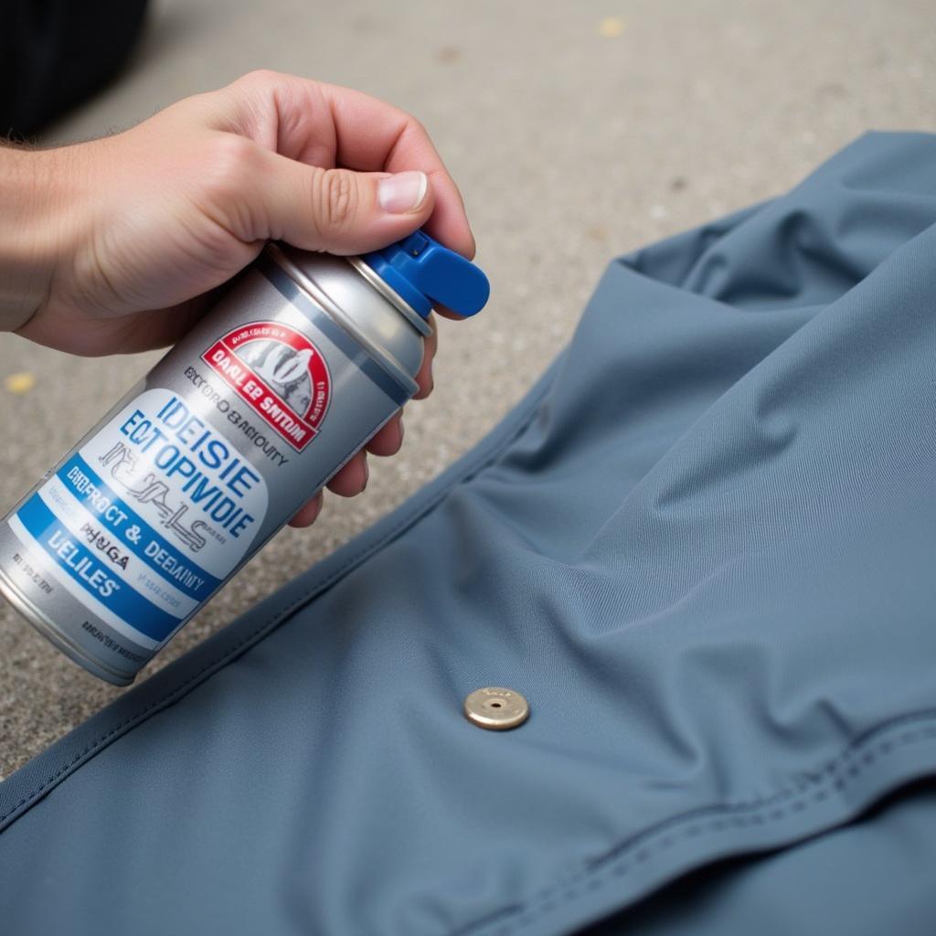 Applying Waterproofing Spray to Horse Blanket