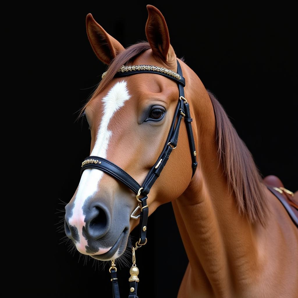 Close-up portrait of an Arabian horse with show halter