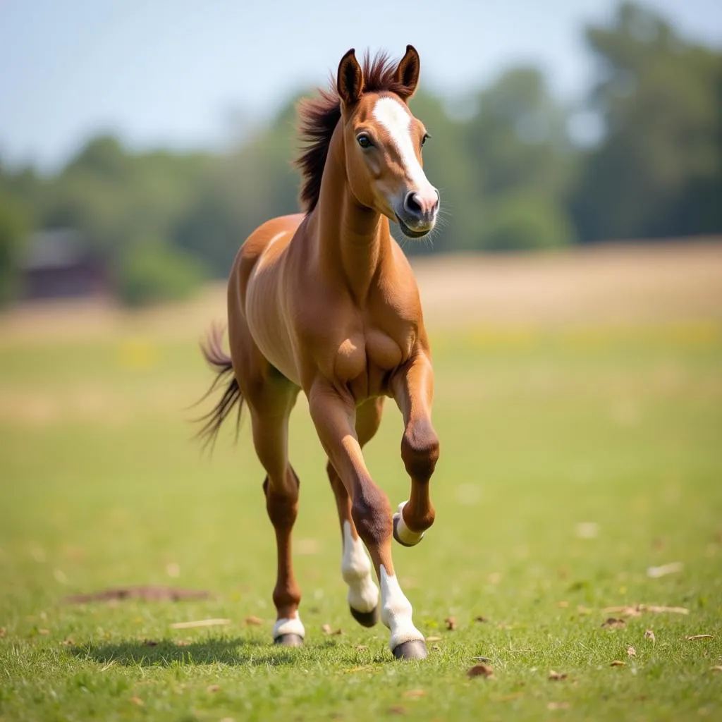  An Arabian horse foal playfully runs in a spacious pasture