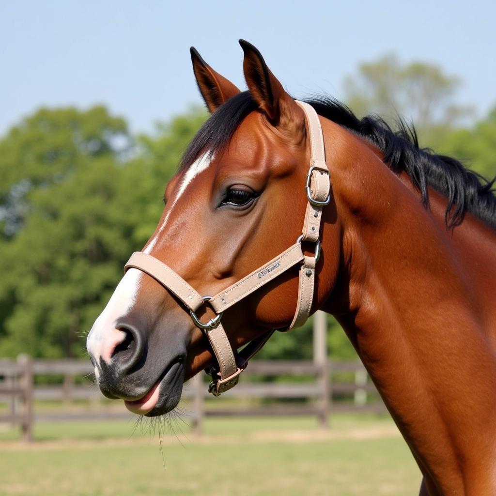 Arabian horse wearing a halter in a pasture setting