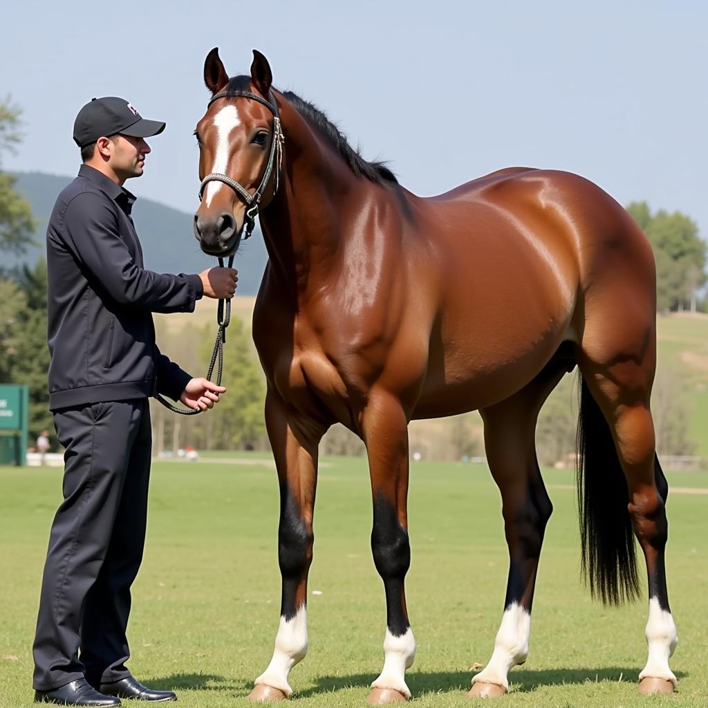 Handler showcasing an Arabian horse in a show halter