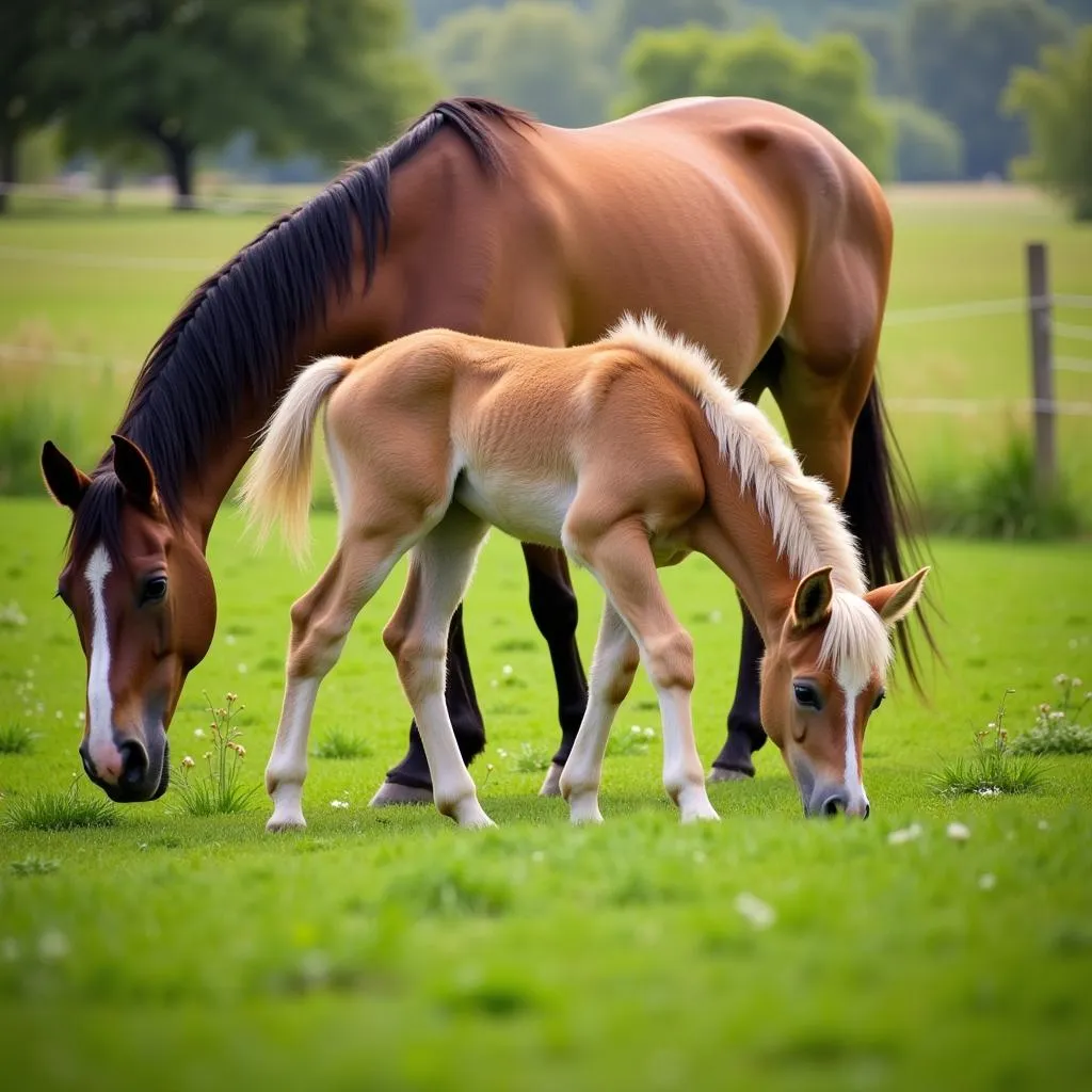 Arabian horse mare and foal grazing in a pasture